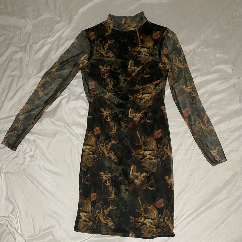 PRETTYLITTLETHING mesh mock neck bodycon dress